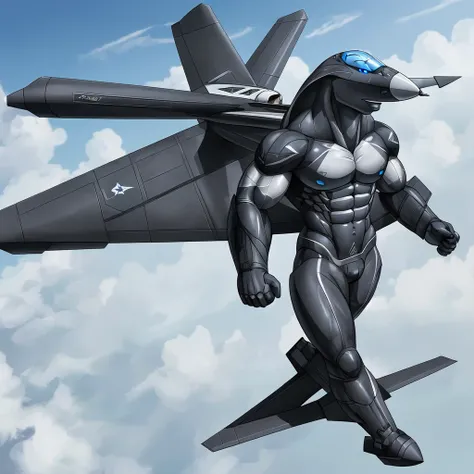 best quality,  masterpiece, detailed, aeromorph, male, flat chest, abs, handsome, highres, blue eyes, wings, fighter jet wings, ...