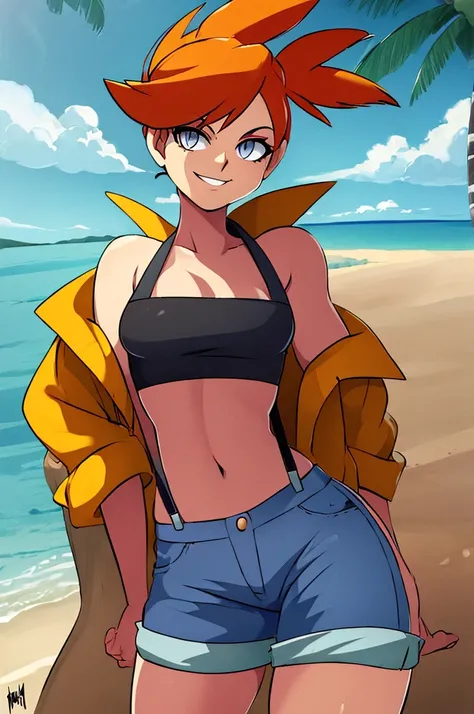 ((masterpiece,best quality)), absurdres, Misty_Pokemon, yellow crop top, suspenders, side ponytail, orange hair, denim shorts, solo, smiling, looking at viewer, cowboy shot, cinematic composition, contrapposto, tropical beach,