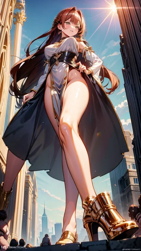 The elegant giantess, in a shimmering silver gown, with flowing auburn hair and hazel eyes, strides through an ancient city. Her towering form crushes stone buildings and statues underfoot, each step causing the ground to quake. She gazes down at the tiny ...