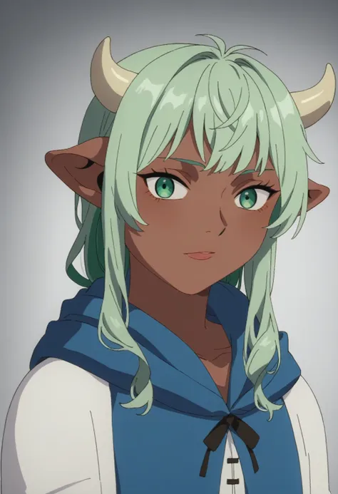 source_anime, score_9, score_8_up, score_7_up, rating_excplicit, 1girl,cowgirl, cow ears, cow horns, solo, dark skin, looking at viewer, dark-skinned female, male focus, bangs, cloak, hood, upper body, soft green hair, robe, androgynous, hood down