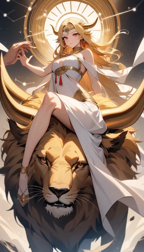 （Huang Li、high quality、Extremely detailed），Constellation - Taurus goddess，Giant golden bull，Woman petting a lion，Similar to Latin goodness，brave，capricious，Productivity，The face of enterprising and humanitarianism，Blonde hair，Ancient Greek costumes、Wrap Dr...