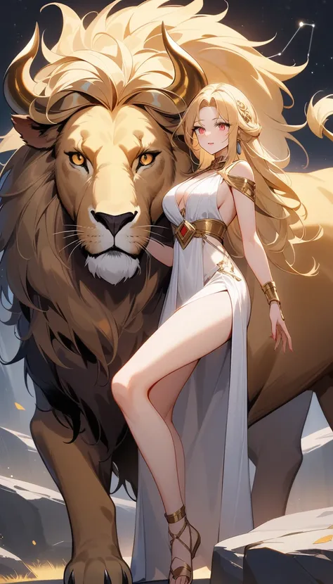 （Huang Li、high quality、Extremely detailed），Constellation - Taurus goddess，Giant golden bull，Woman petting a lion，Similar to Latin goodness，brave，capricious，Productivity，The face of enterprising and humanitarianism，Blonde hair，Ancient Greek costumes、Wrap Dr...