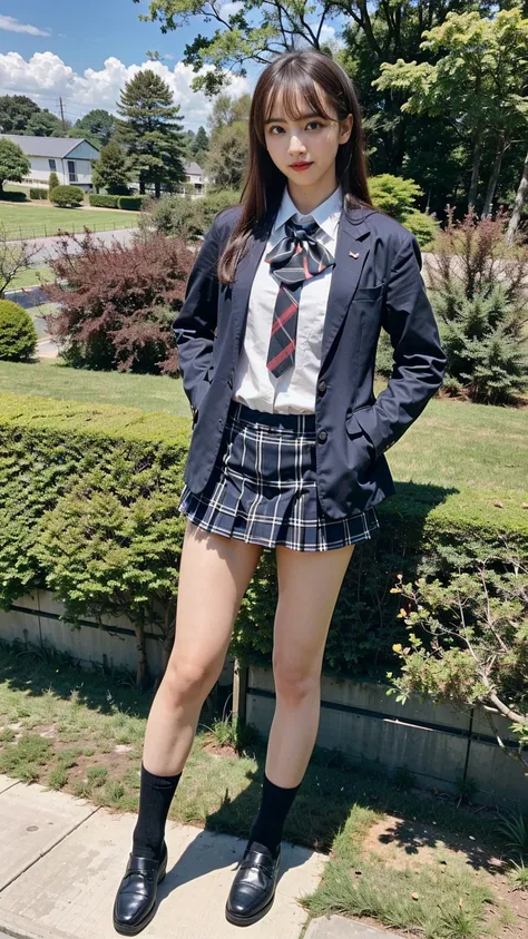 (8k、raw photos、highest quality、masterpiece:1.2)、(realistic、realistic)、1 girl、((black check mini skirt、high school uniform、blazer...