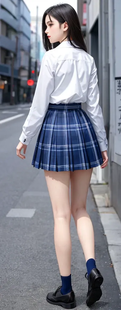 {top quality, masterpiece}, (Realistic: 1.3), (photo Realistic: 1.3), wallpapers, BREAK {{{FF7, Tifa_lockhart, solo}}},{{{Japan JK uniform, White short-sleeved shirt, Navy Blue Plaid Pleated Skirt, Dark blue short socks, loafers, see through shirt}}}, (bac...