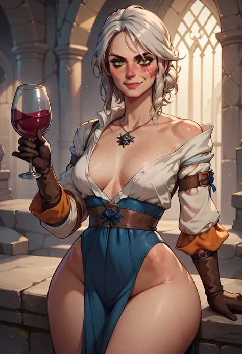 1woman, in a castle dungeon, holding glass of wine, seductive smirk,blushing, medium breasts, wide hips, big ass, Ciri, nighttime