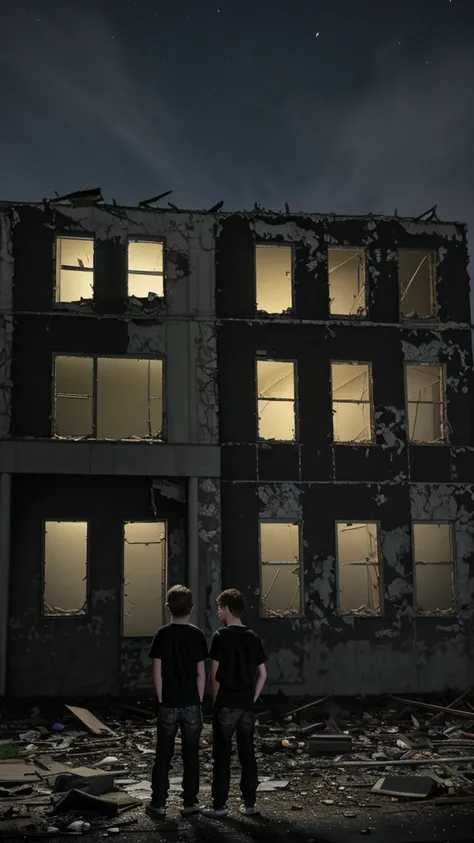 2 teenage boys are standing outside of the abandoned building at night. Old building. Dark night .2 teenage boys . back short