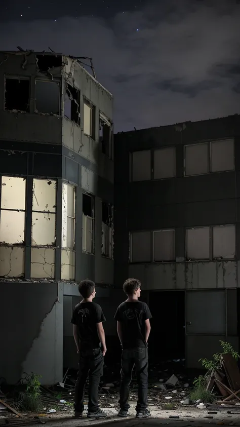 2 teenage boys are standing outside of the abandoned building at night. Old building. Dark night .2 teenage boys . back short