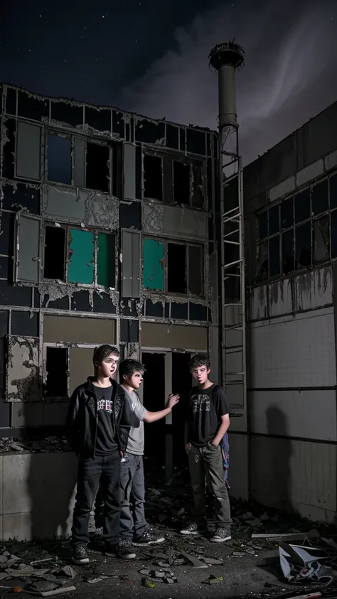 2 teenage boys are standing outside of the abandoned building at night. Old building. Dark night .2 teenage boys . back short