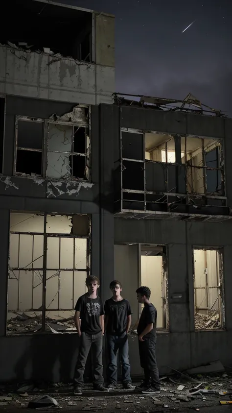 2 teenage boys are standing outside of the abandoned building at night. Old building. Dark night .2 teenage boys . back short