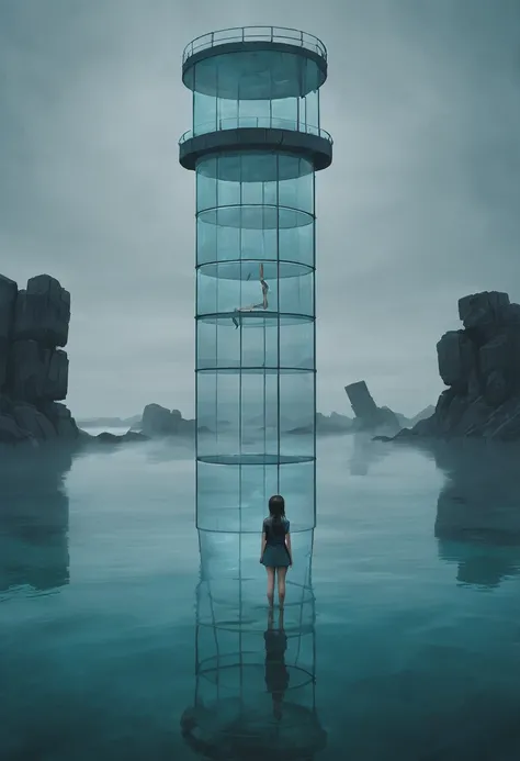 Sea temperature, A girl stands on a glass tower in a surreal landscape