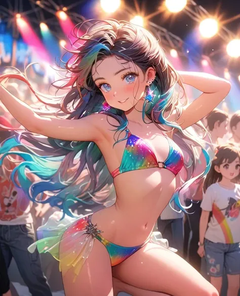 8K,gal，an extremely delicate and beautiful,Beautiful and realistic skin,Shiny jewel-like earrings,Long colorful hair,beautiful eyes,full body,head to toe,beautiful regs,beautiful colorful bikini,t-shirt,
,summer　music festival,beautiful lighting,dance
