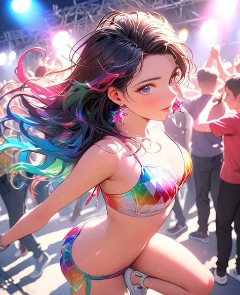 8K,gal，an extremely delicate and beautiful,Beautiful and realistic skin,Shiny jewel-like earrings,Long colorful hair,beautiful eyes,full body,head to toe,beautiful regs,beautiful colorful bikini,t-shirt,
,summer　music festival,beautiful lighting,dance
