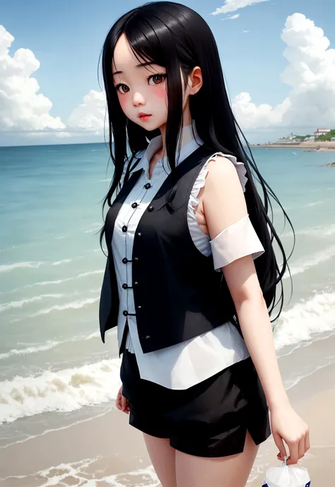 Cute girl with long black hair，Wearing vest shorts，at the seaside，Cold expression，Beautiful Chinese girl，summer，Blue sky and white clouds