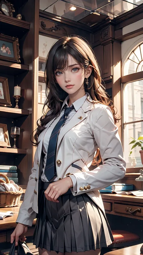 masterpiece, highest quality, super detailed, one girl, alice, white jacket, white shirt, blue tie, pleated skirt, hello, indoor...