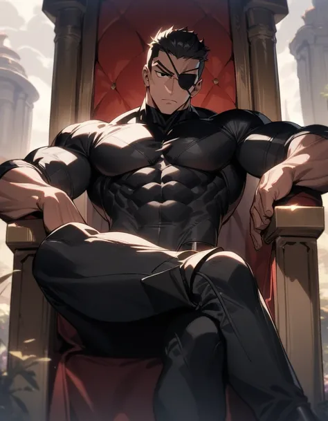 1man,(male,muscular man,bodybulder) black bodysuit, sitting, crossed legs, black eye patch, throne, looking down, from bottom, looking at viewer, outdoors, masterpiece, best quality, very aesthetic, absurdres