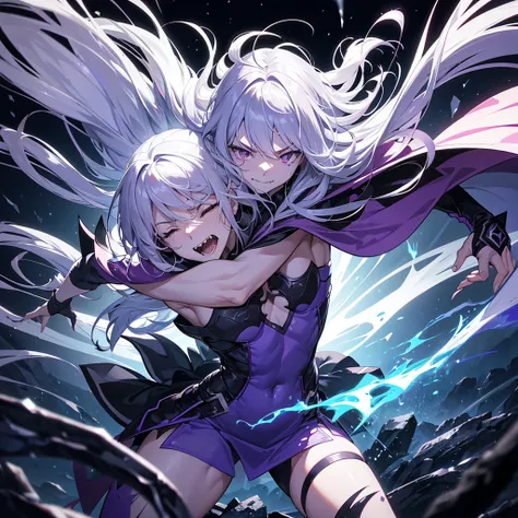 combat position, slightly crouched, with tense muscles and closed eyes, about to release energy.
Hair:
- Color: silver white.
- Length: long, up to the middle of the back.
- Motion: disheveled, disturbed by a current of air.
Eyes:
- Color: bright purple, w...