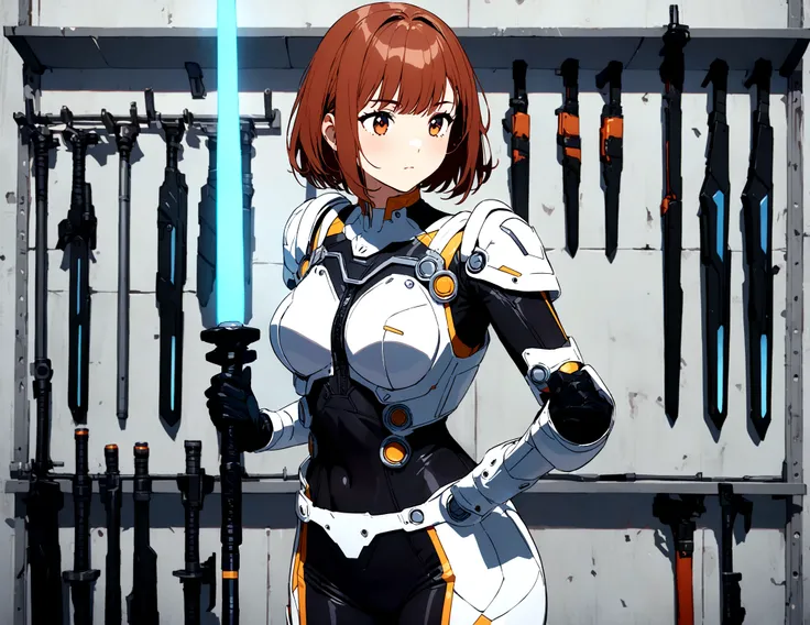 A cute woman (sci fi outfit, tight fitting body armor, wielding a blue light saber) behind her is a rack with various weapons and costume pieces
