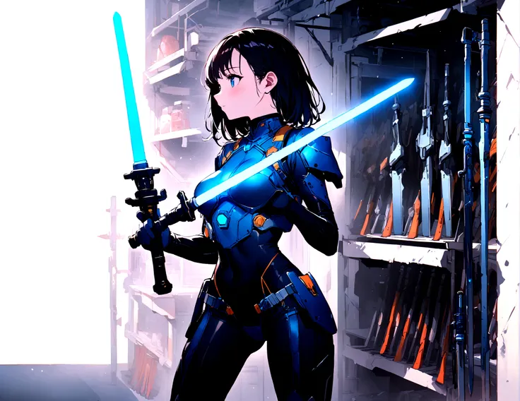 A cute woman (sci fi outfit, tight fitting body armor, wielding a blue light saber) behind her is a rack with various weapons and costume pieces
