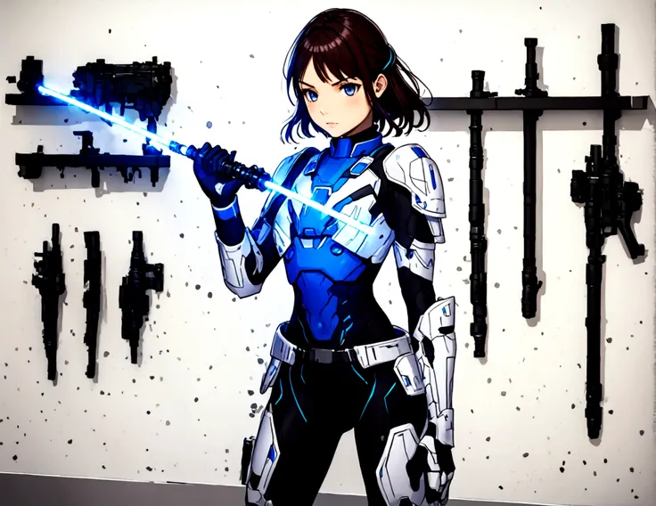 A cute woman (sci fi outfit, tight fitting body armor, wielding a blue light saber) behind her is a rack with various weapons and costume pieces
