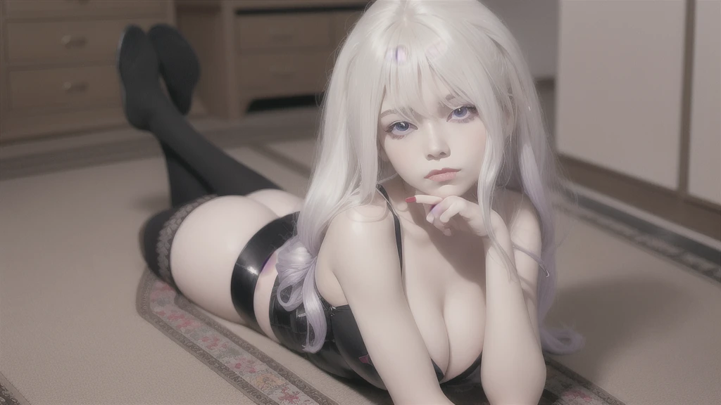 realisitic, 1 girl, White hair, purples eyes, glare eyes, top cut, overskirt, parted lips, blush, natta, flowers, floor, floorlight,