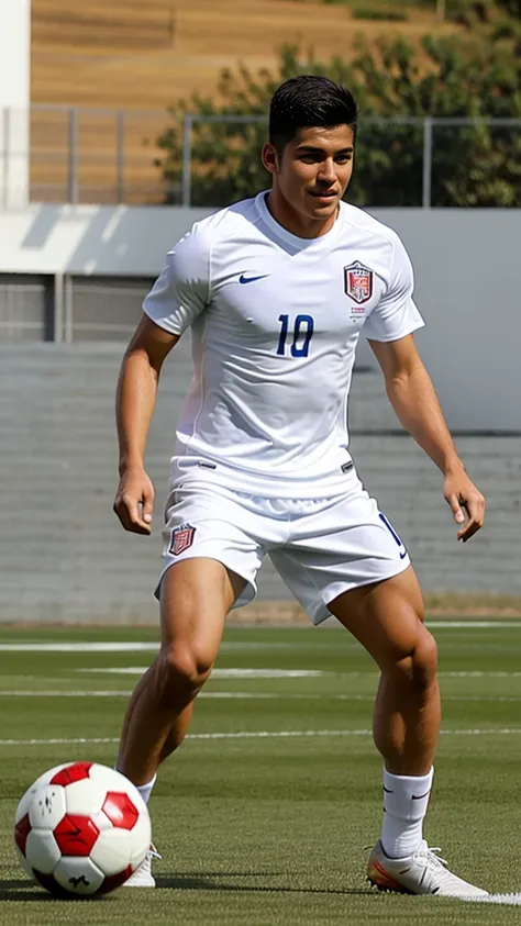 The guy is playing football, 25 years, Peruvian nationality, with a slight smile on his face, face turned to the side, full length, In move, kicks a soccer ball with one foot, scores a goal, wearing a white T-shirt and white shorts, Great quality, athletic...