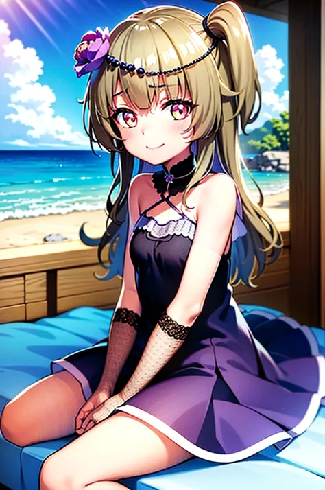 Himari Meimei, masterpiece, slim thighs, petit body, little young girl, flat chest, {1 Girl}, Cute and shy smile, Highly detailed sparkling purple eyes, In summer beach, 困り眉, silver grey hair, lying on beach bed, daylight