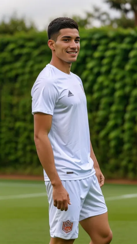 The guy is playing football, 25 years, Peruvian nationality, with a slight smile on his face, face turned to the side, full length, scores a goal, wearing a white T-shirt and white shorts, Great quality, athletic build, high detail, Profile view