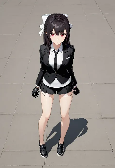 Black miniskirt , black shoes , white dress shirt , View from above , assassin , shorts blazer , black long tie , whole body , bare legs , thighs , whole body , pleated skirt , Black gloves , standing posture , White ribbon