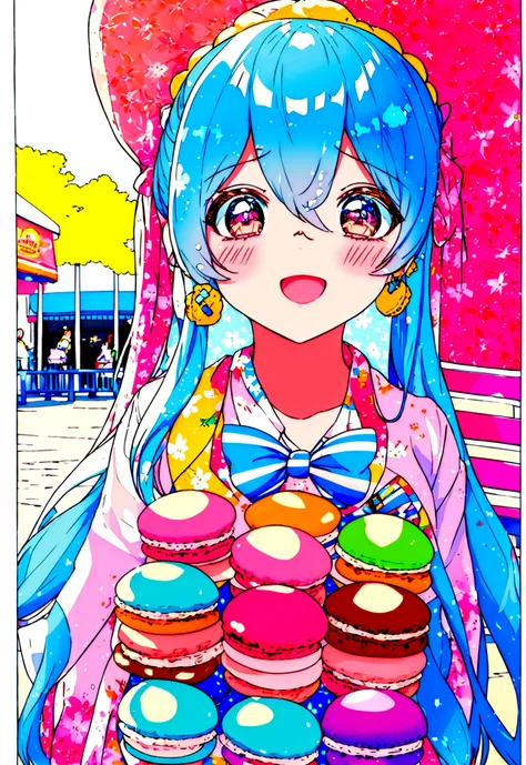 A cute girl，At the amusement park，Next to the ice cream shop，Summer，Colorful style，Macaron Colors