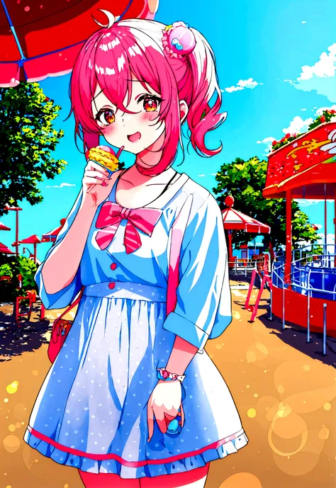 A cute girl，At the amusement park，Next to the ice cream shop，Summer，Colorful style，Macaron Colors