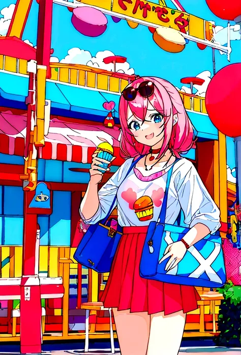 A cute girl，At the amusement park，Next to the ice cream shop，Summer，Colorful style，Macaron Colors