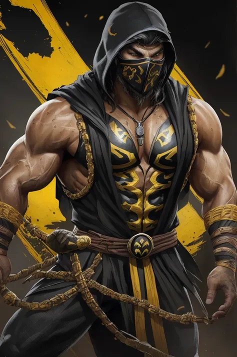 a photo of ((jason momoa)) as ((scorpion)) from mortal kombat, yellow and black ninja outfit, (skull mask), kunai on a chain, in...