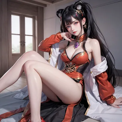 xuer Shampoo,1girl,tiger,chinese clothes,double bun,twintails,long hair,hair bun,jewelry,solo,red dress,earrings,looking at viewer,sitting,breasts,very long hair,black hair,blue eyes,bangs,sleeveless,animal,year of the tiger,knee up,open mouth,medium breas...