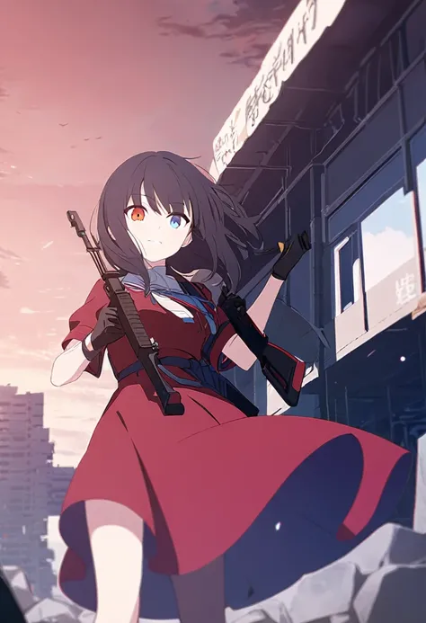 1girl, far view, woman wearing red dress, black hair to friendly, red and blue heterochromia eyes, black gloves, holding AK-47 rifle