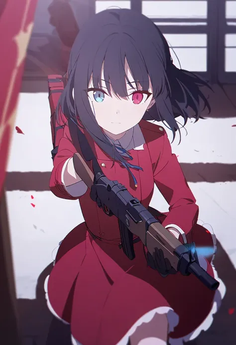 1girl, far view, woman wearing red dress, black hair to friendly, red and blue heterochromia eyes, black gloves, holding AK-47 rifle