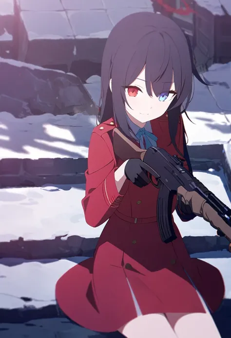 1girl, far view, woman wearing red dress, black hair to friendly, red and blue heterochromia eyes, black gloves, holding AK-47 rifle