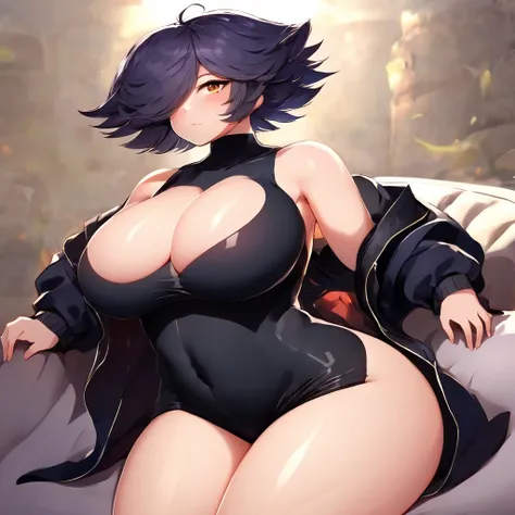 (masterpiece, best quality:1.2), 1girl, solo, karmavt, ((huge breast:1.5)),  ((nipple bulge:1.5)), smug, nipple slipping, short hair, lactating, lactating nipples, hyper thighs, arching back, huge ass, back view, ((hyper gigantic puffy nipples:1.5))