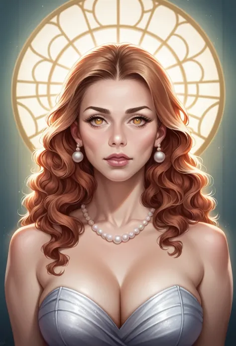 a voluptuous middle aged woman, portrait, photorealistic, elegant, classy, captivating facial features, beautiful detailed eyes, beautiful detailed lips, extremely detailed face, long eyelashes, confident expression, red wavy hair, pearl necklace, satin dr...