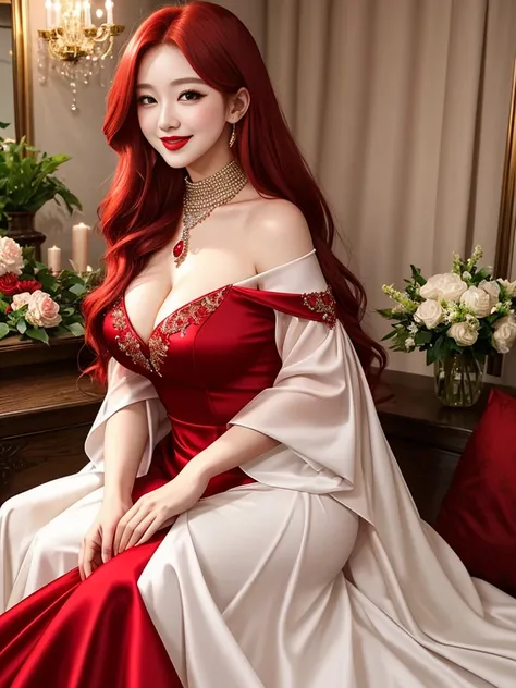 1girl, long hair, red hair, green eyes, red lips, red eyeshadow, diamond necklace, smile, blush, happy face, full body, huge breasts, mature female, korean girl, gown dress, long dress, off shoulder dress, living room,