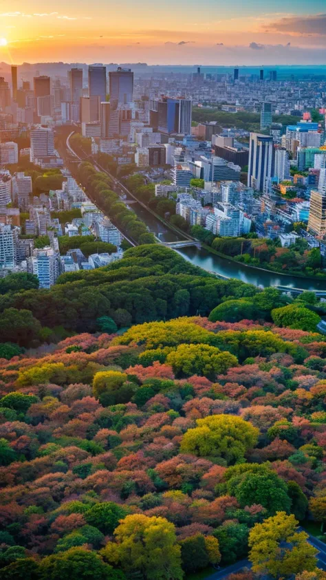 a view of a city with tall buildings and a green park, a picture by Naondo Nakamura, unsplash, sōsaku hanga, tokyo japan,    arafed view of a field of flowers with a sunset in the background, floral sunset, warm beautiful scene, beautiful sunrise, flowers ...