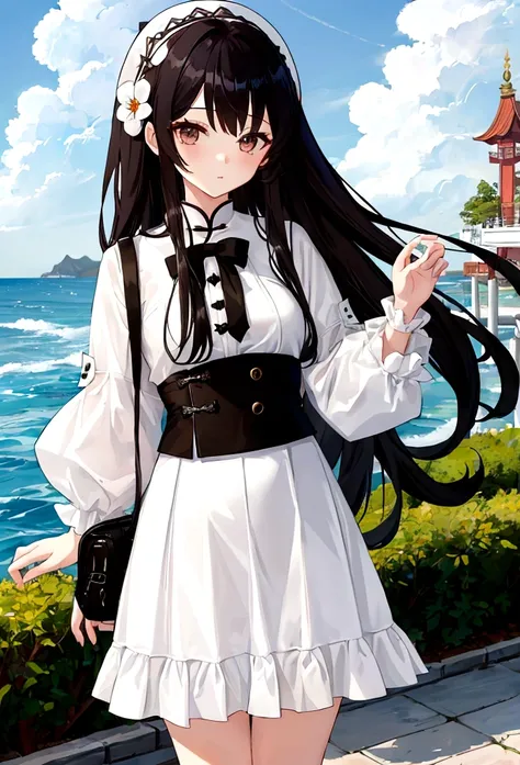 Girl in white skirt，at the seaside，Chinese long-haired girl