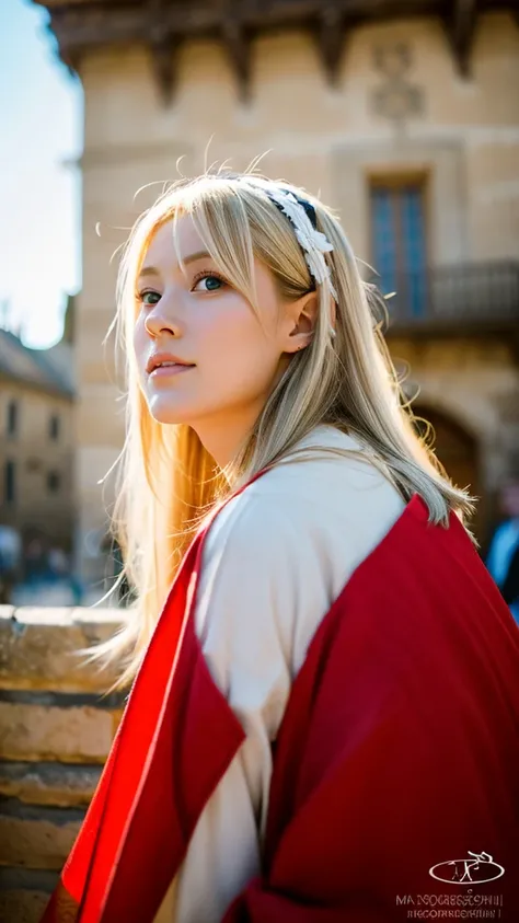 a lot, front, Portraiture, Beautiful girl with medium length blonde hair, Outdoor, Backlight, Soft Light, Medieval, France, holding red flag, look up, red, green, white, sexy,Cosplay,Kanroji Mitsuri