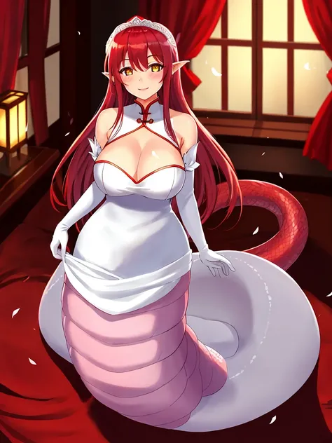 1girl, red lamia, scales, tail, full body, smile, long hair, red hair, yellow eyes, blush, happy face, bedroom, wedding dress, chinese girl, mature female, huge breasts, elbow gloves, white gloves,