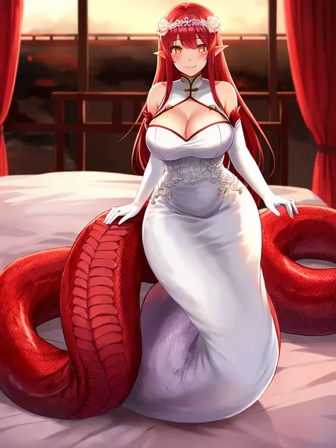 1girl, red lamia, scales, tail, full body, smile, long hair, red hair, yellow eyes, blush, happy face, bedroom, wedding dress, chinese girl, mature female, huge breasts, elbow gloves, white gloves,