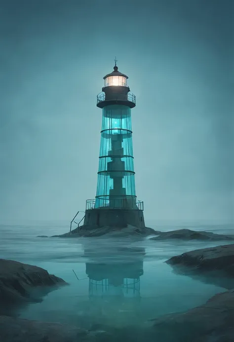 Sea temperature, Strange transparent glass lighthouse in surreal landscape