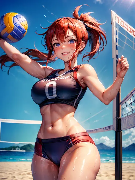 masterpiece, best quality, (lineart, anime screencap, sketch:1.1), (1girl, solo:1.3), (red hair, side ponytail, ponytail, hair swaying from the wind:1.3), (blue eyes, bright pupils, sparkling eyes:1.2), (wearing sports bra, sports underwear:1.4), (volleyba...