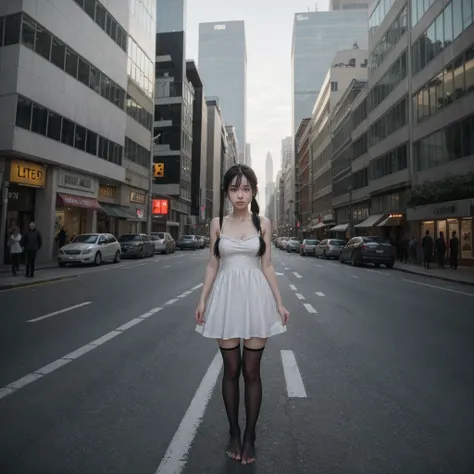 a girl in a white dress, black stockings, barefoot with ponytails with long black hair, stands in the middle of the city in a post-apocalyst style