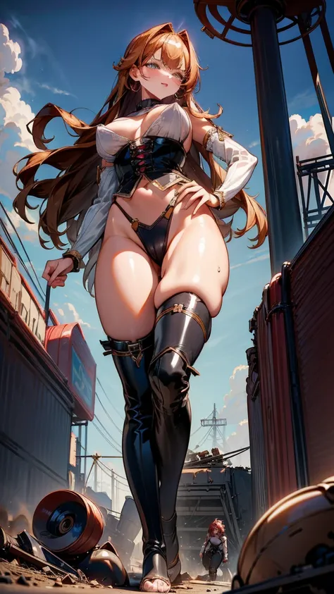 The seductive giantess, adorned in a sultry leather corset and thigh-high boots, with long auburn hair and smoldering brown eyes, strides through an abandoned amusement park. Her towering form crushes roller coasters and carousels beneath her heels, each s...