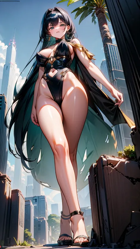 A sensual giantess in a revealing tribal outfit, with long jet-black hair and piercing green eyes, walks through a dense jungle. Her powerful legs crush ancient ruins and exotic flora beneath her feet, each step causing the earth to tremble. She gazes at t...