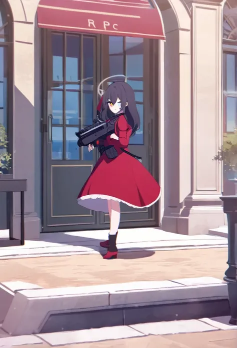 1girl, far view, woman wearing red dress, black hair to friendly, red and blue heterochromia eyes, black gloves, holding RPG grenade launcher